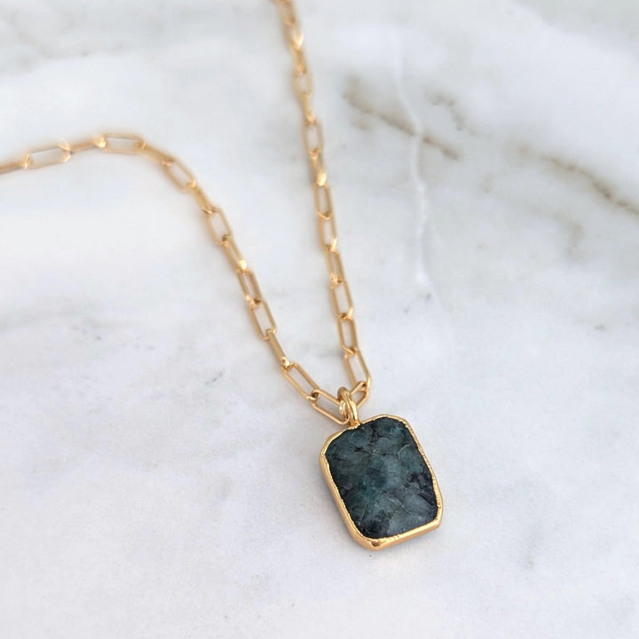 gold plated sterling silver emerald rectangle necklace on a paperclip chain