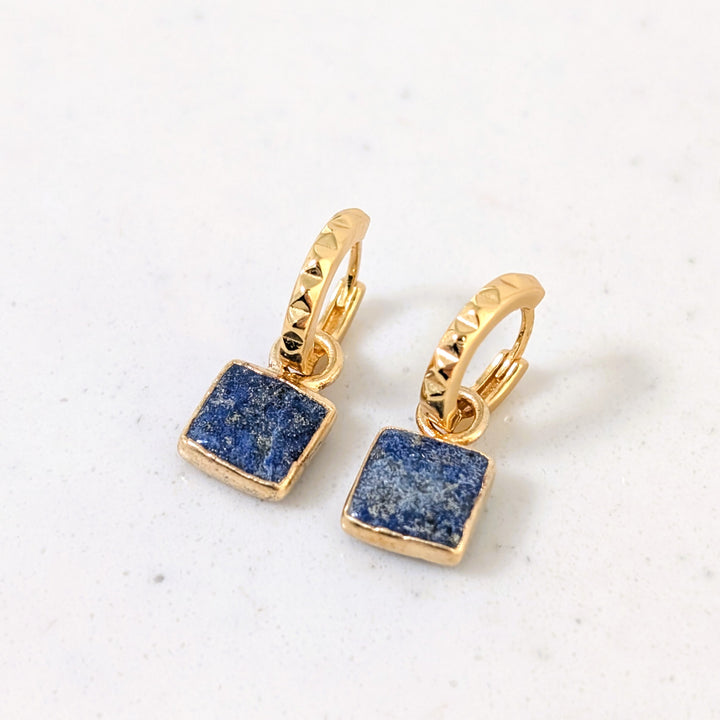 gold plated lapis lazuli square charm hoop earrings