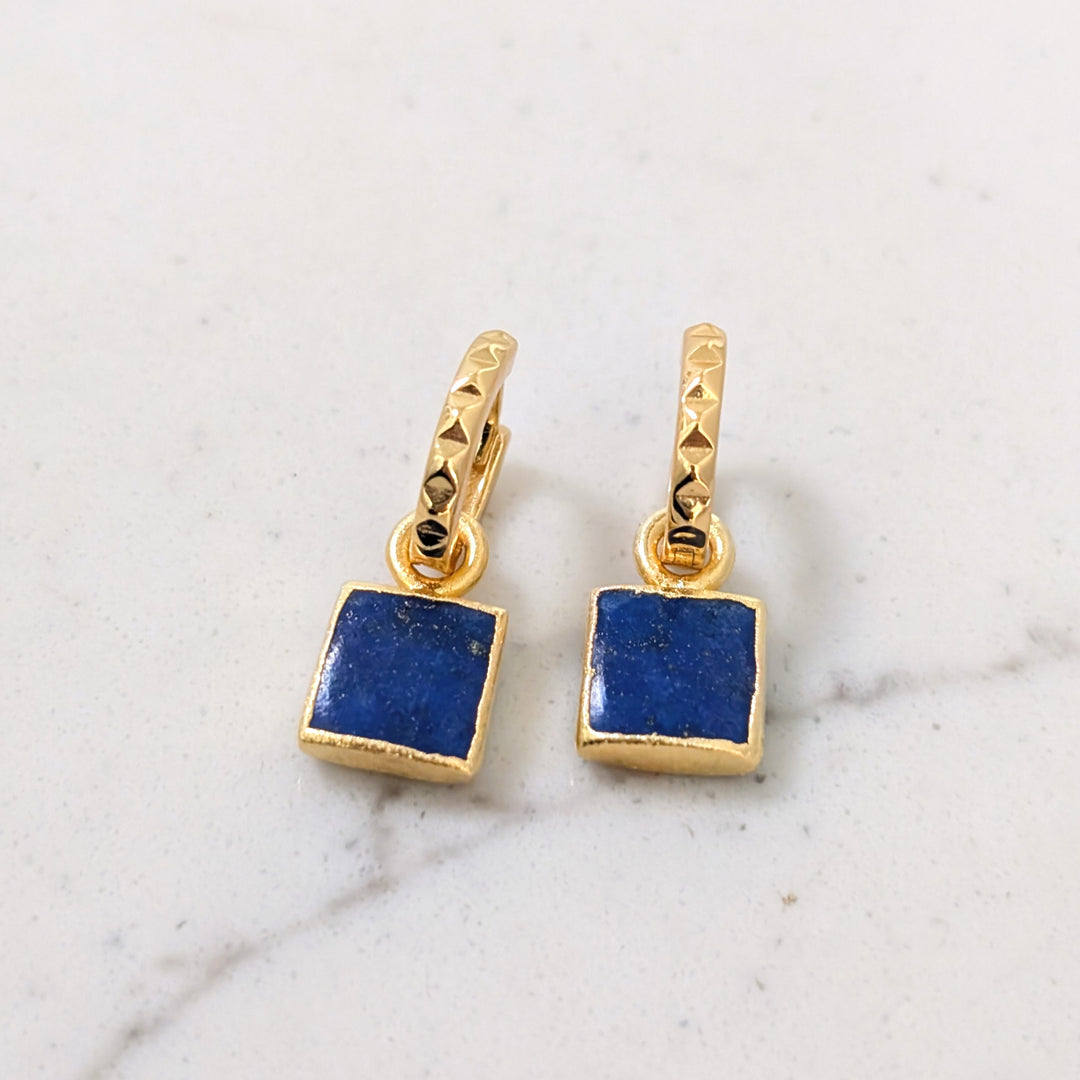 gold plated lapis lazuli square charm hoop earrings