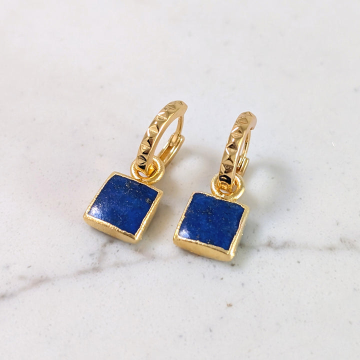 gold plated lapis lazuli square charm hoop earrings