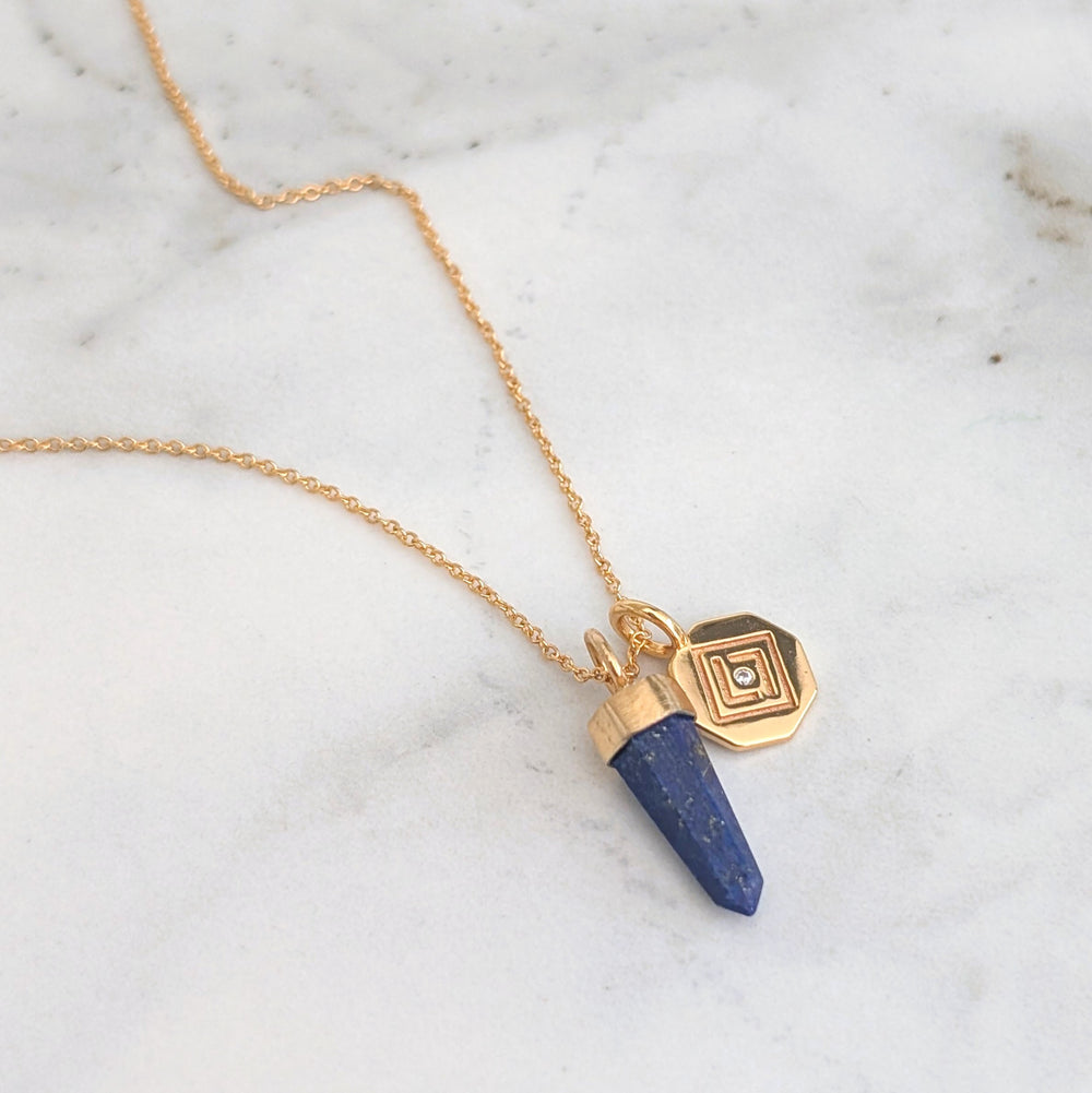 lapis lazuli pendant necklace with gold octagonal disc charm