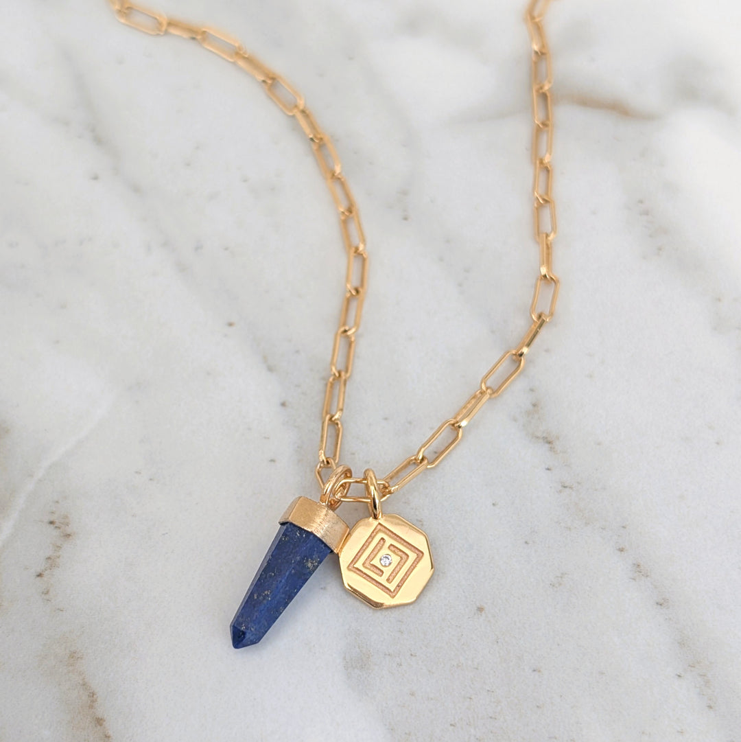 lapis lazuli pendant necklace with gold octagonal disc charm