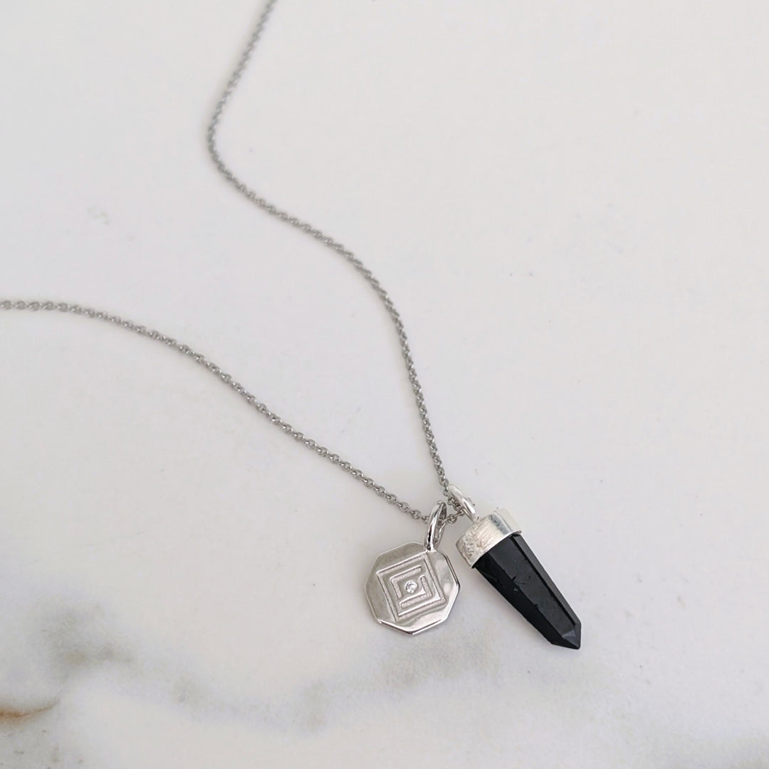 sterling silver black tourmaline spike pendant and charm necklace