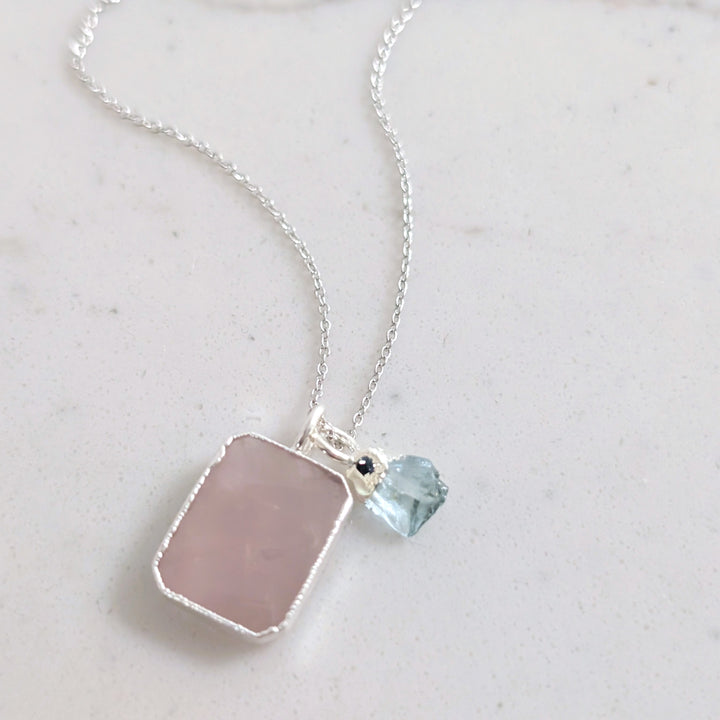 sterling silver rose quartz and aquamarine pendant necklace