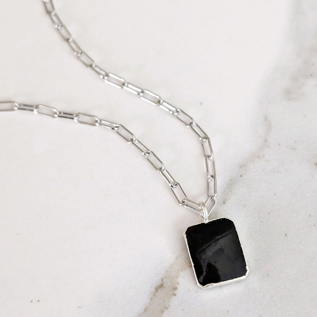 sterling silver black tourmaline rectangular pendant necklace