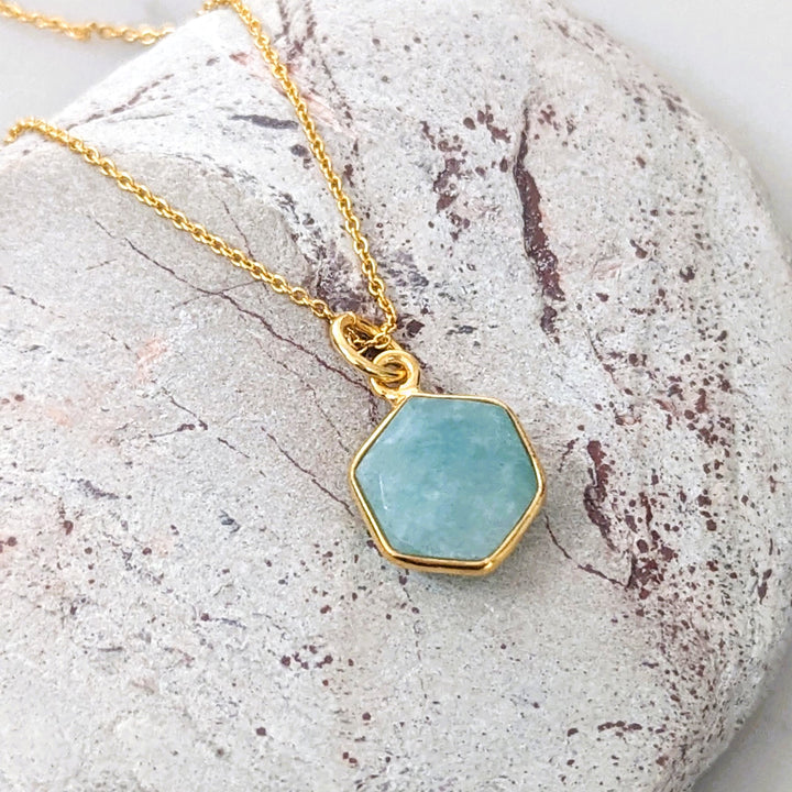 gold plated amazonite hexagon pendant necklace