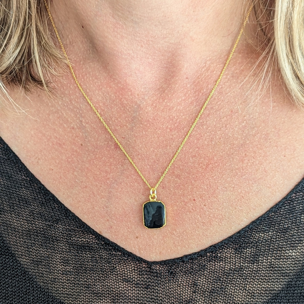 gold plated sterling silver black tourmaline rectangular pendant necklace