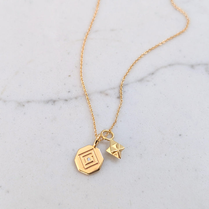 18 carat gold plated sterling silver Lapis London octagonal disc and tetrahedron star pendant necklace