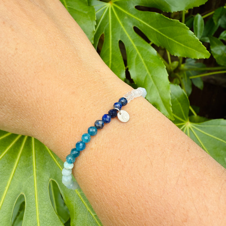 clear quartz, moonstone, amazonite, aquamarine, apatite and lapis lazuli beaded gemstone bracelet