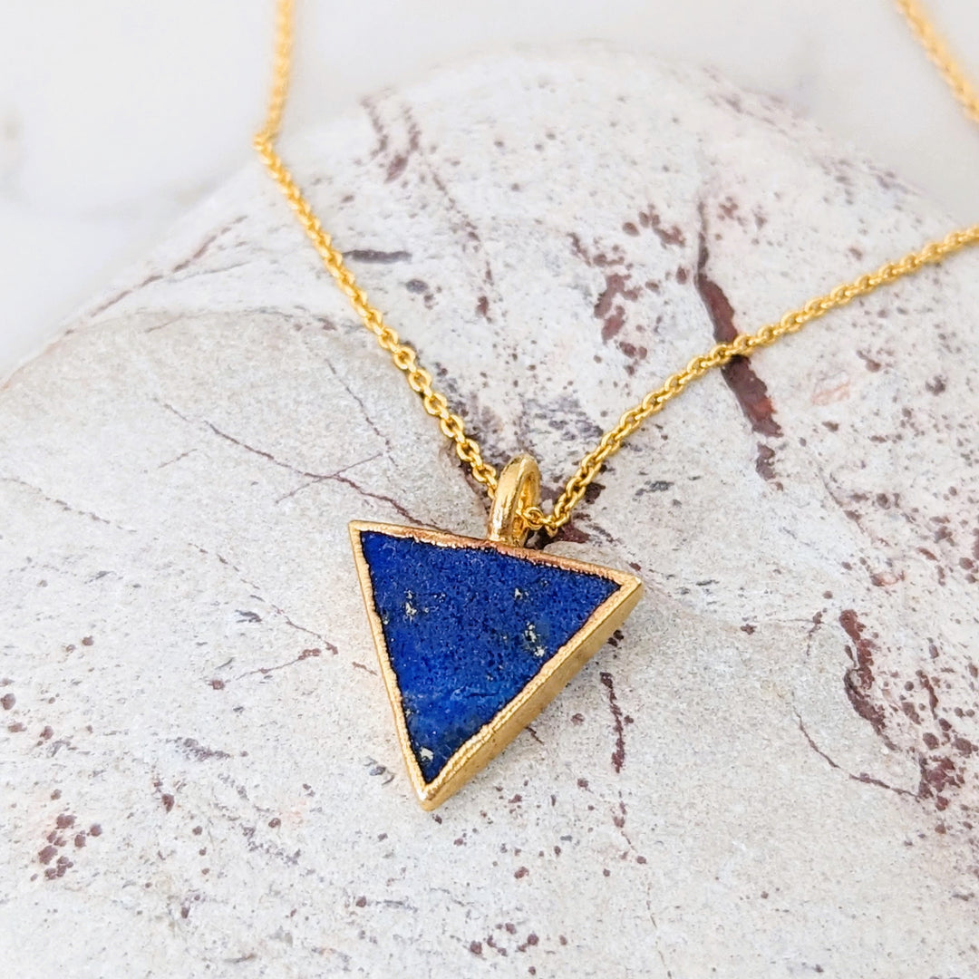 gold plated lapis lazuli triangular pendant necklace