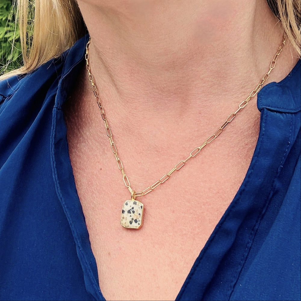 gold plated sterling silver dalmatian jasper rectangular pendant necklace