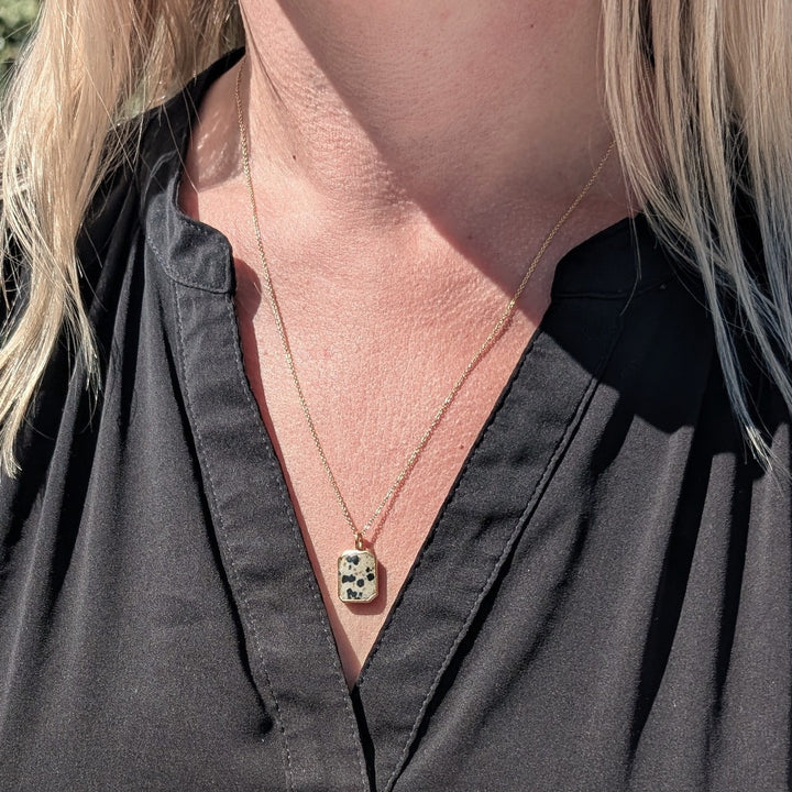 gold plated sterling silver dalmatian jasper rectangular pendant necklace