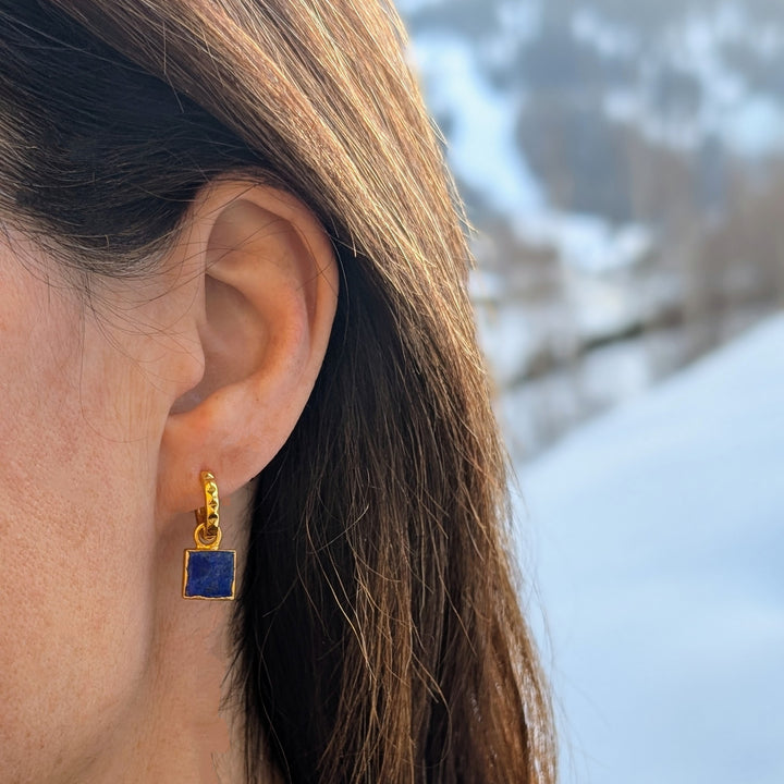 gold plated lapis lazuli square charm hoop earrings