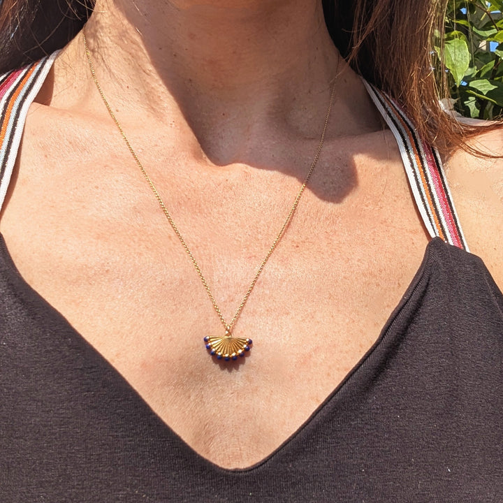 gold and lapis lazuli fan pendant necklace