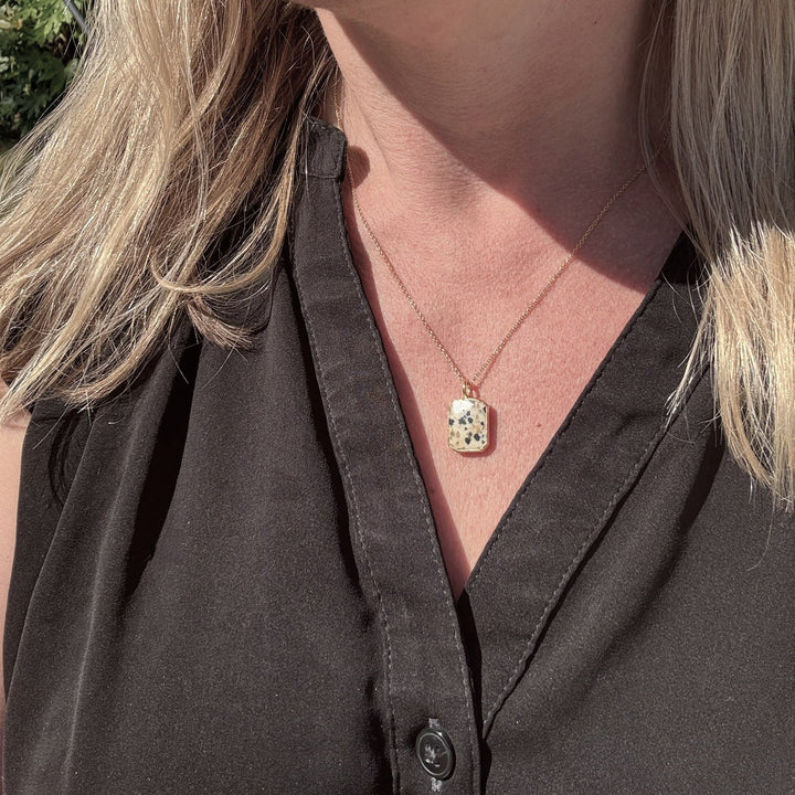 gold plated sterling silver dalmatian jasper rectangular pendant necklace
