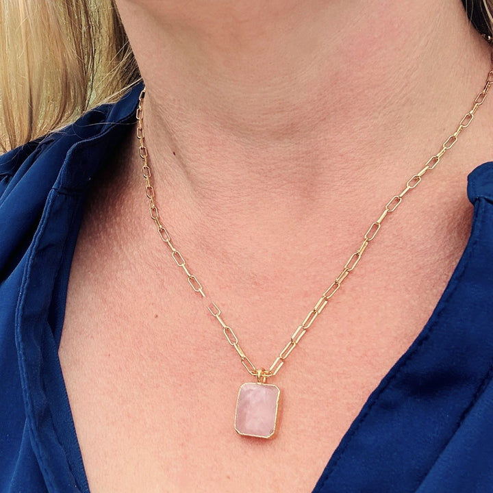The Rectangle Rose Quartz Necklace