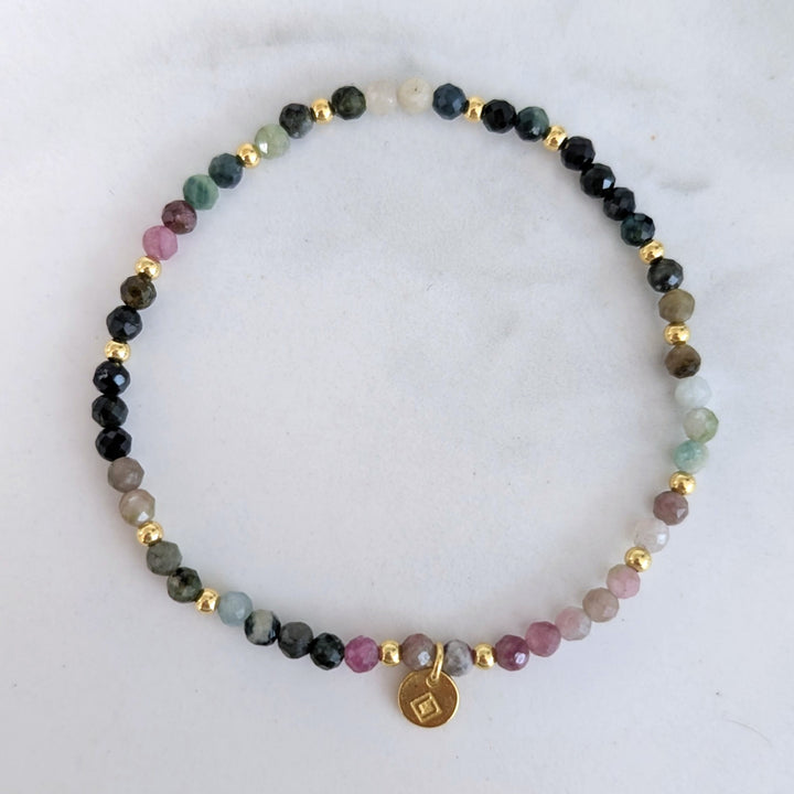 watermelon tourmaline and gold bead bracelet