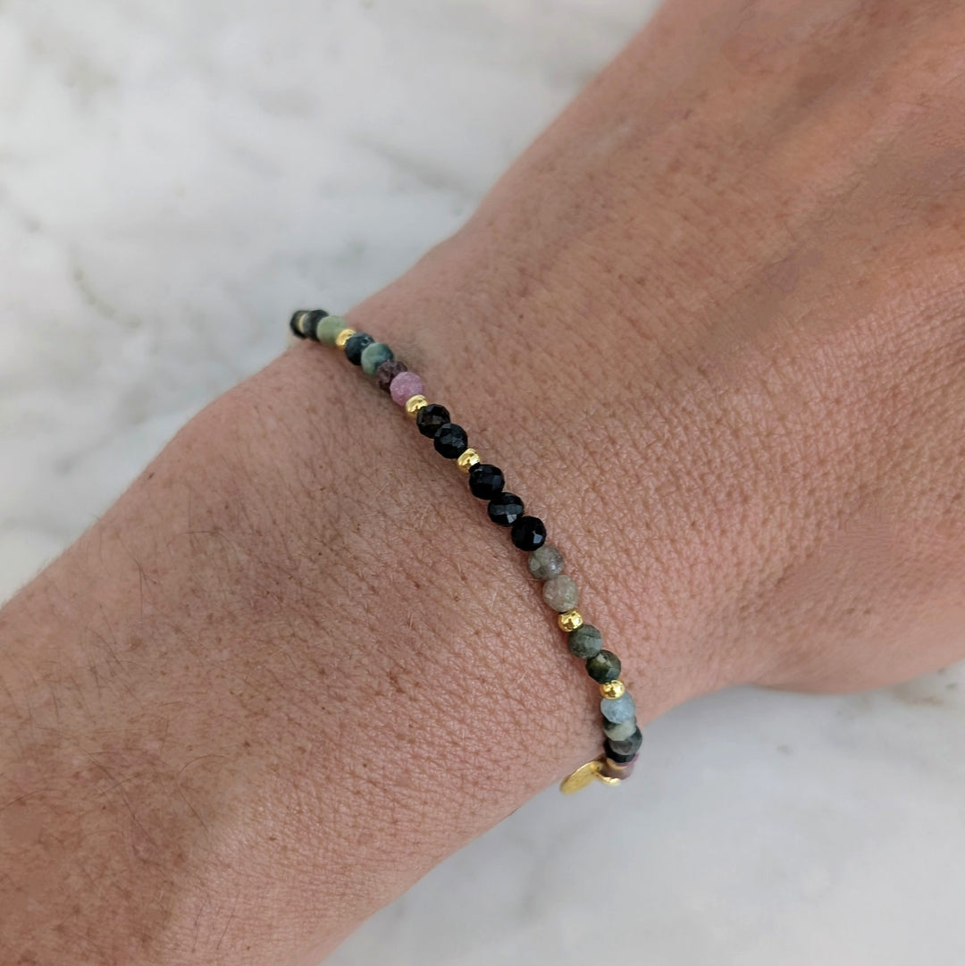 watermelon tourmaline and gold bead bracelet