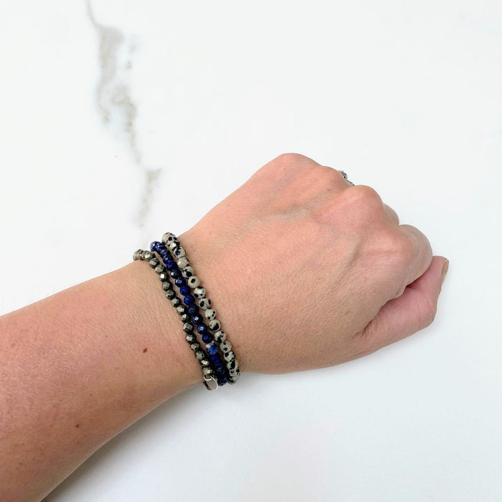 Inspire Results Gemstone Bracelet Trio - Lapis Lazuli, Dalmatian Jasper and Pyrite 4mm faceted beads