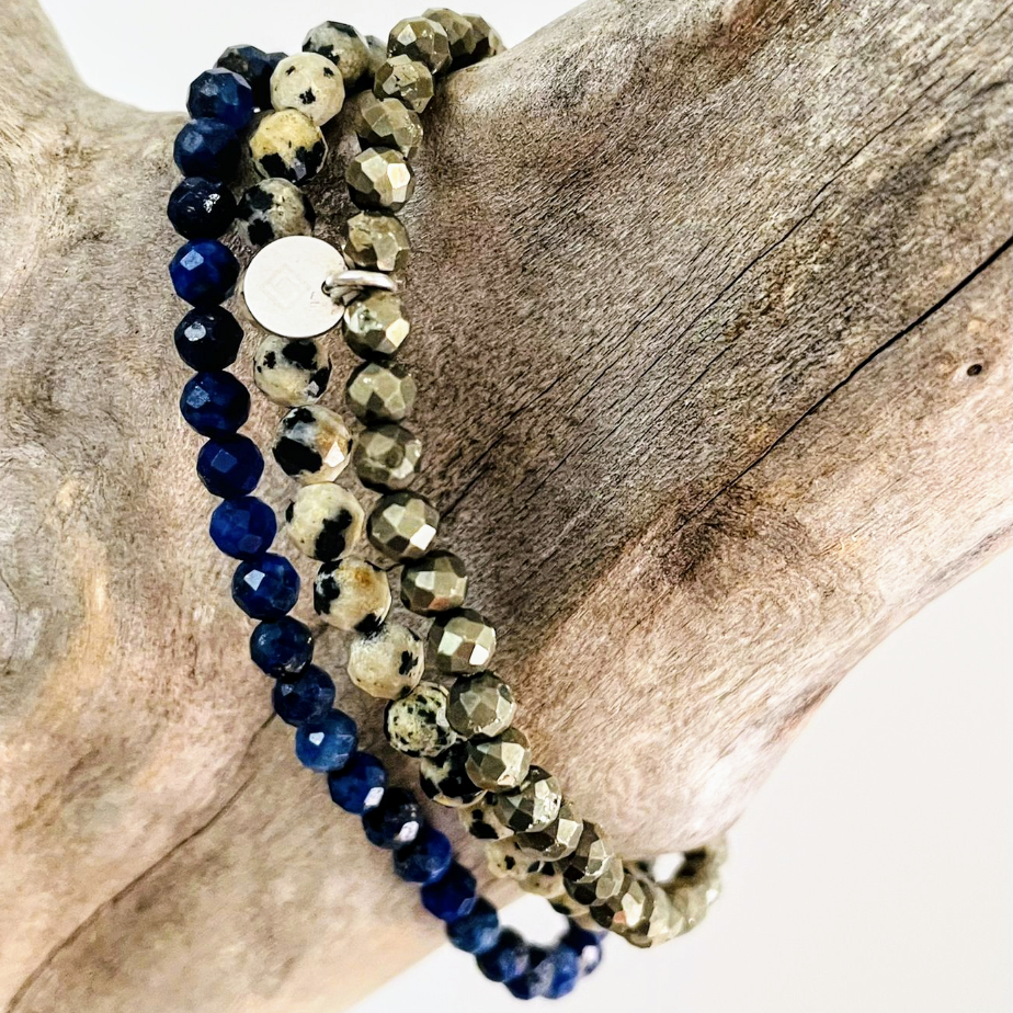 Inspire Results Gemstone Bracelet Trio - Lapis Lazuli, Dalmatian Jasper and Pyrite 4mm faceted beads