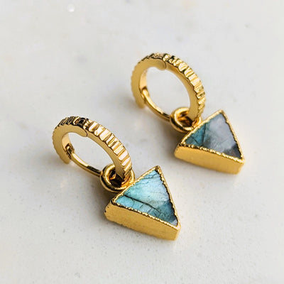 gold dalmatian jasper triangular charm hoop earrings