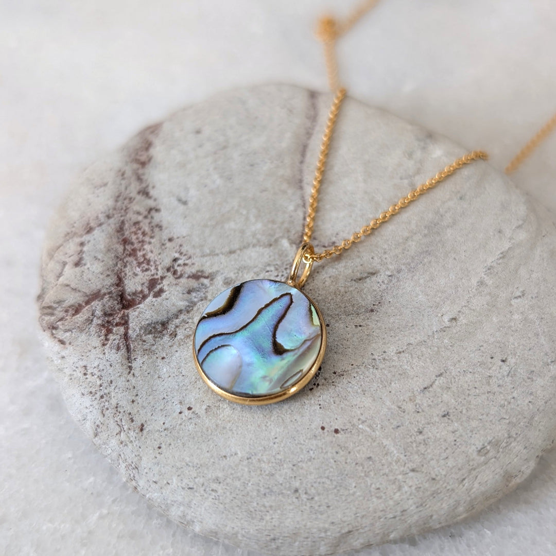 gold circular abalone shell pendant necklace