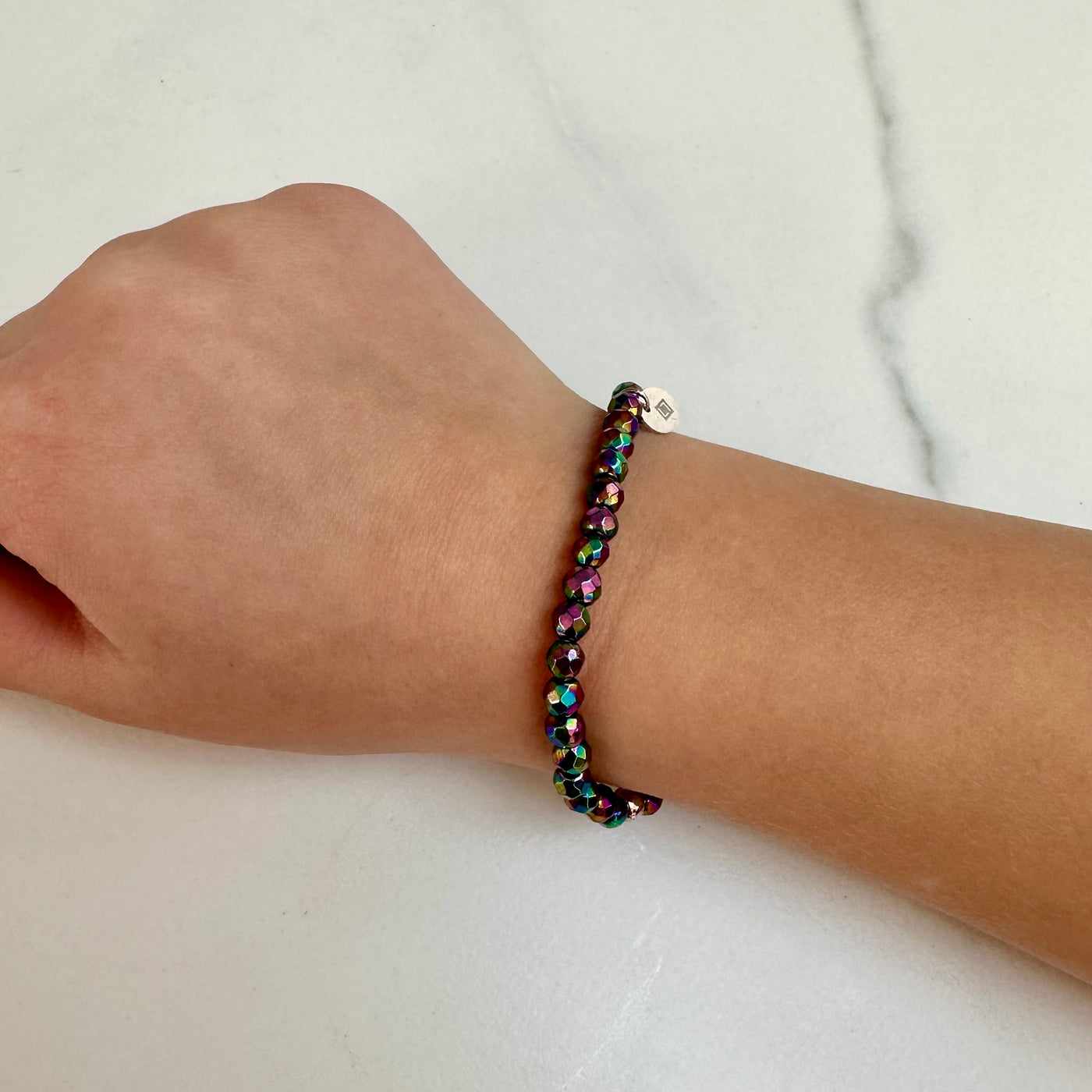 children's rainbow coloured hematite natural gemstone bracelet 4mm beads