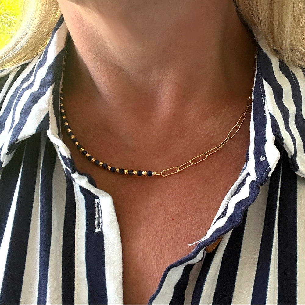 gold lapis lazuli and paperclip chain necklace 
