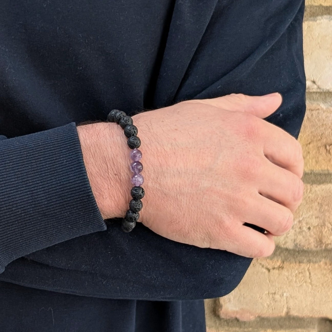 Men's black and purple lava stone and amethyst February birthstone gemstone bracelet 