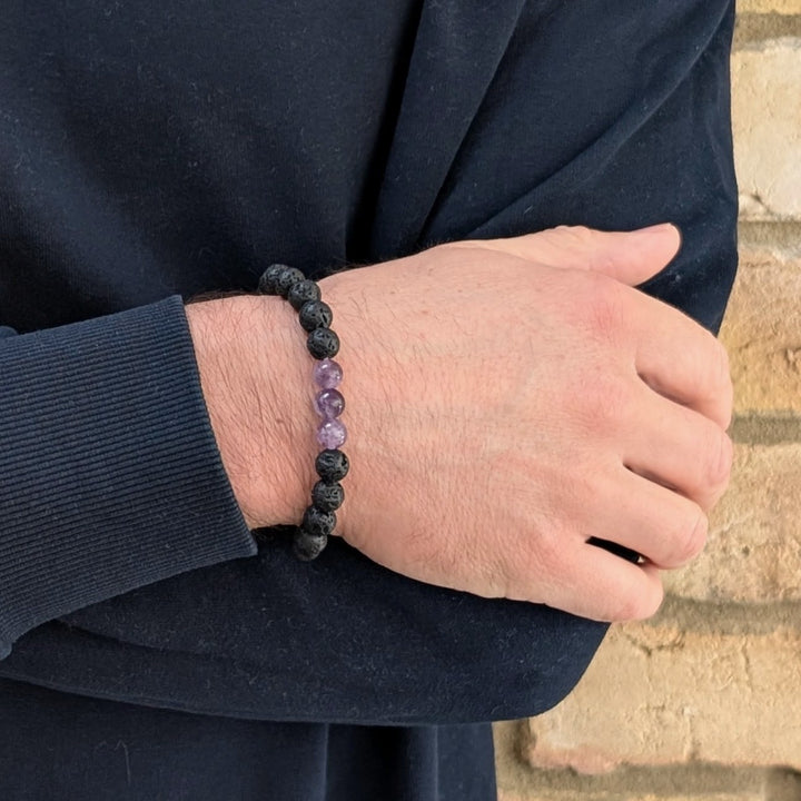 Men's black and purple lava stone and amethyst February birthstone gemstone bracelet 