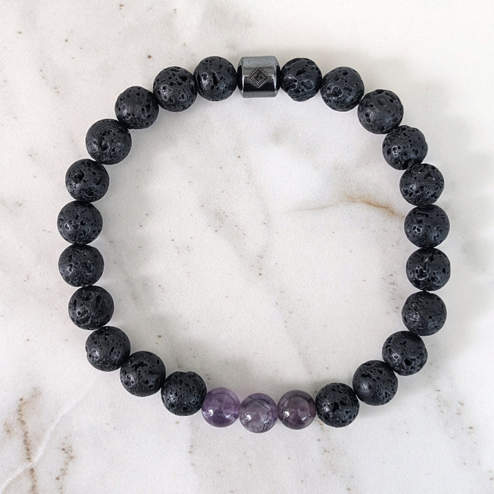 Men's black and purple lava stone and amethyst February birthstone gemstone bracelet 