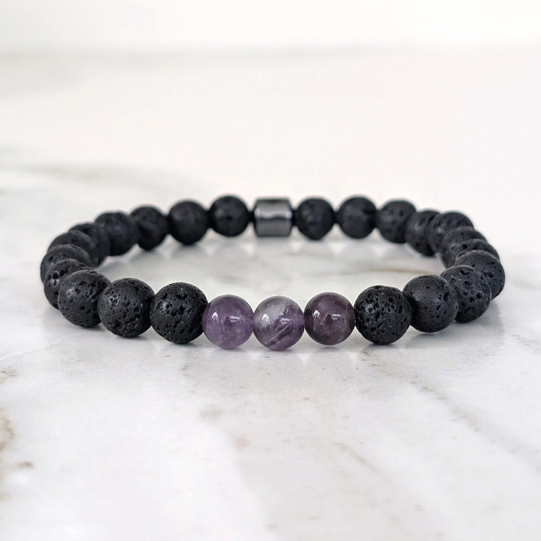 Men's black and purple lava stone and amethyst February birthstone gemstone bracelet 