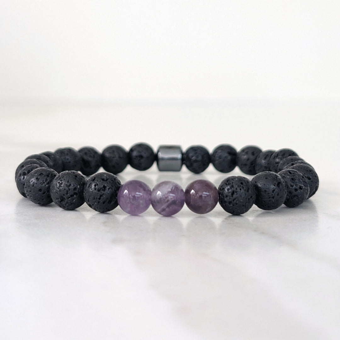 Men's black and purple lava stone and amethyst February birthstone gemstone bracelet 