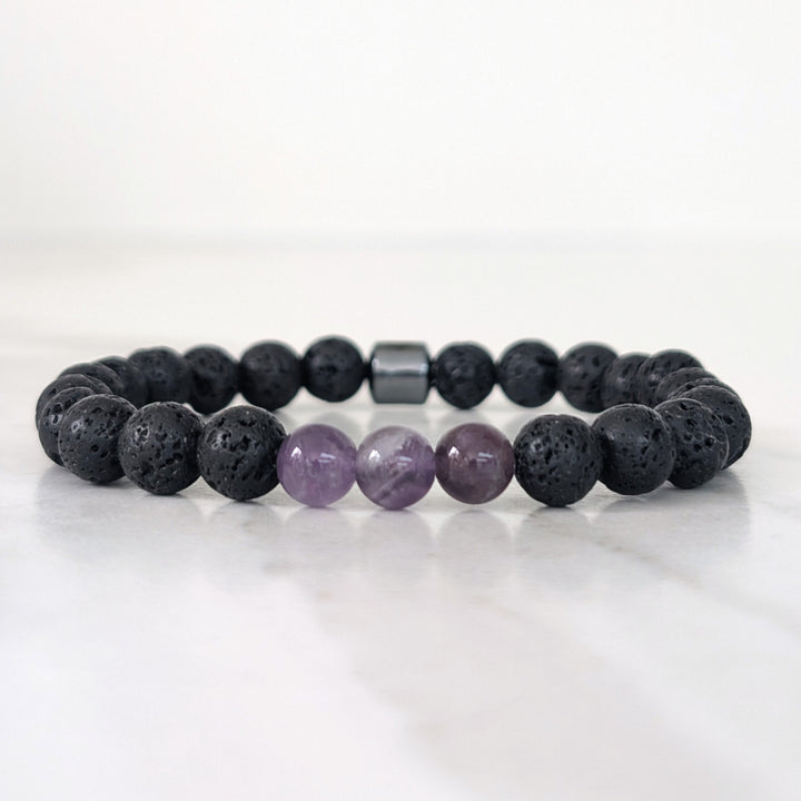 Men's black and purple lava stone and amethyst February birthstone gemstone bracelet 