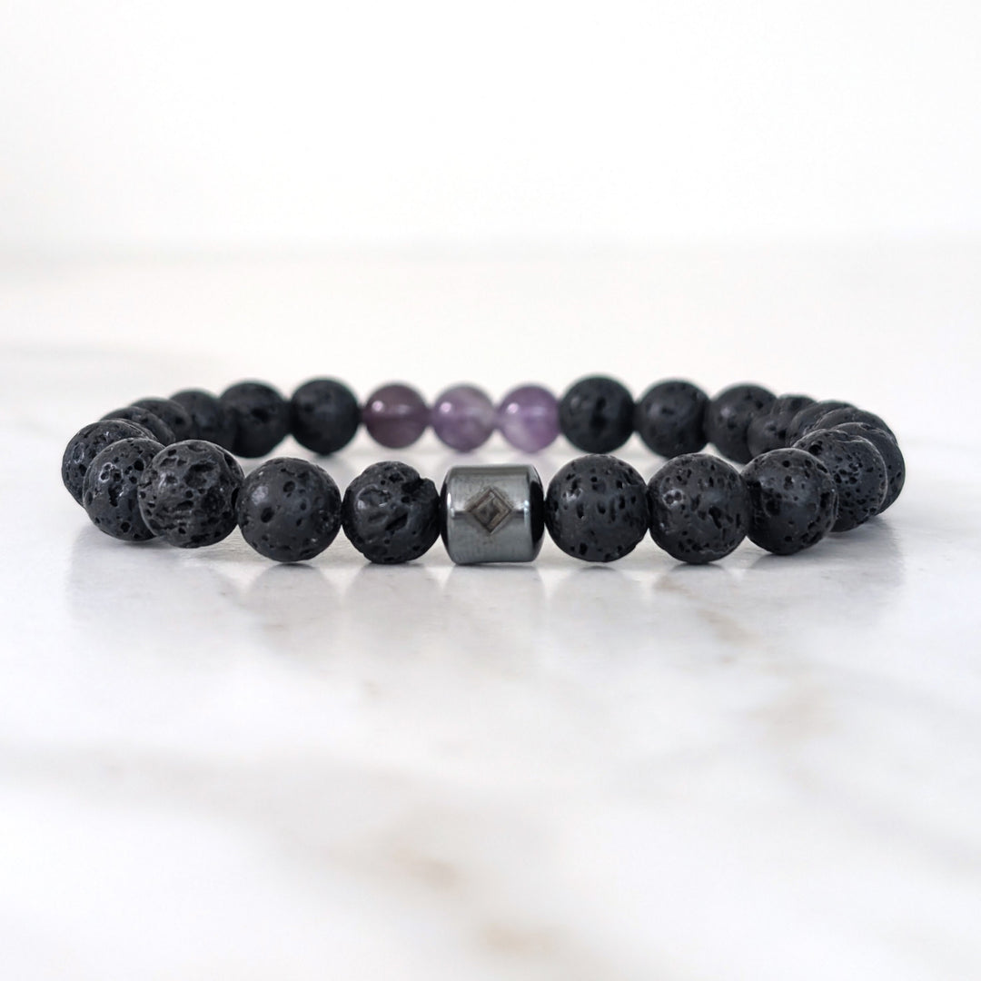 Men's black and purple lava stone and amethyst February birthstone gemstone bracelet 