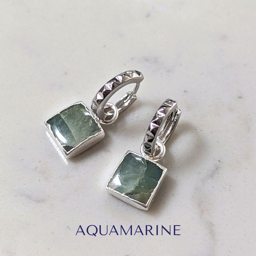 sterling silver aquamarine square charm earrings