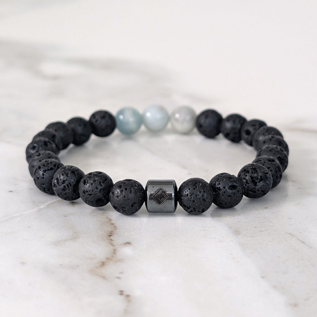 Men's Aquamarine & Lava Bead March Birthstone Bracelet  - 8mm Smooth