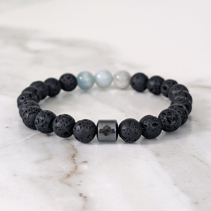 Men's Aquamarine & Lava Bead March Birthstone Bracelet  - 8mm Smooth