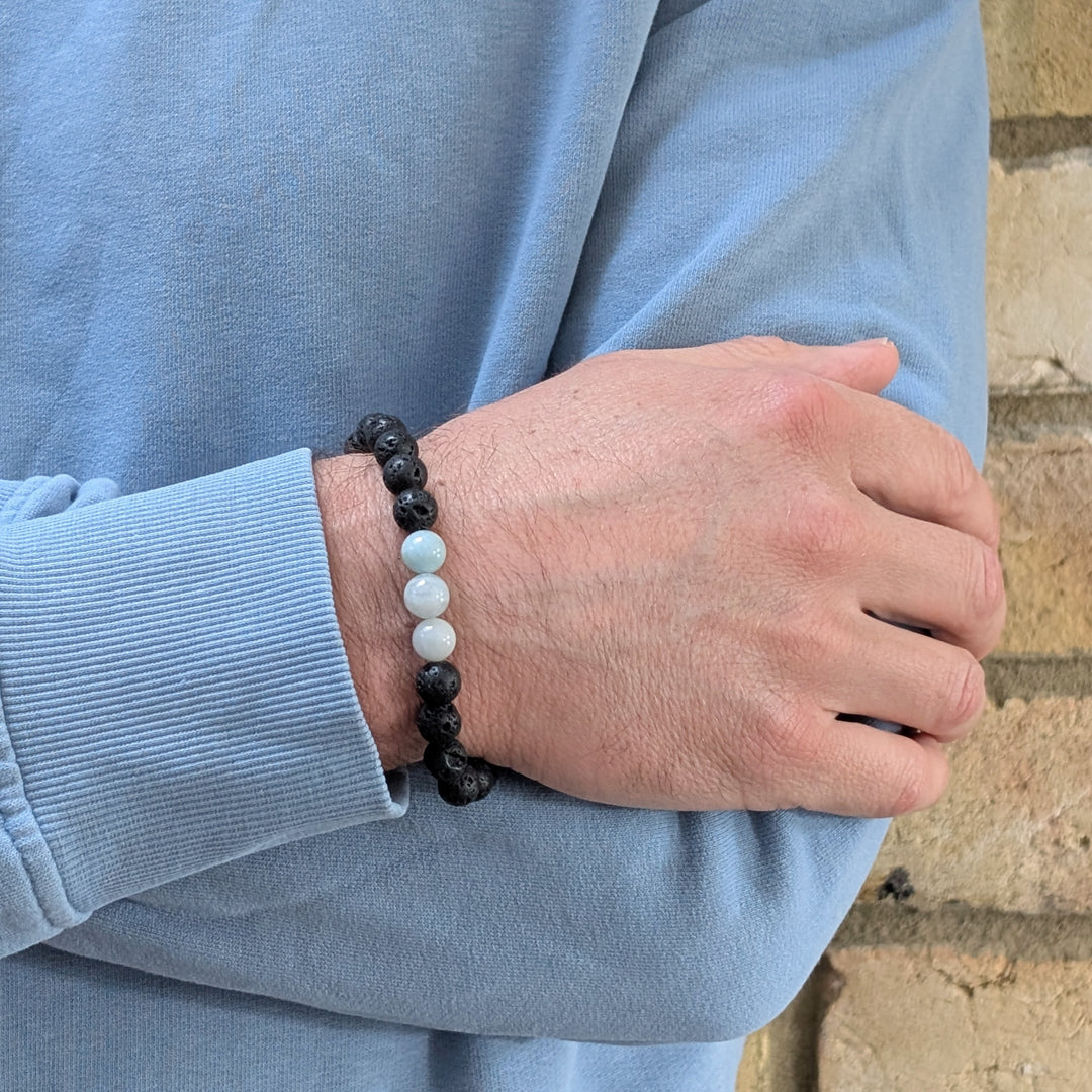 Men's Aquamarine & Lava Bead March Birthstone Bracelet  - 8mm Smooth