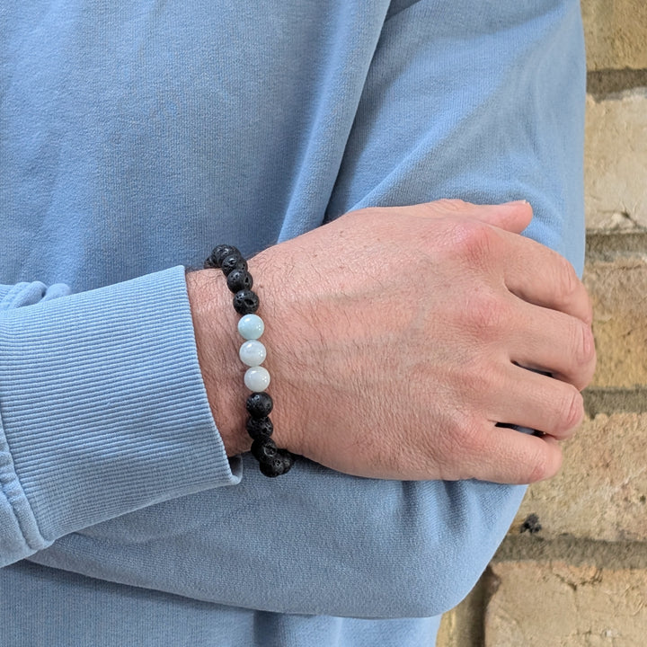Men's Aquamarine & Lava Bead March Birthstone Bracelet  - 8mm Smooth