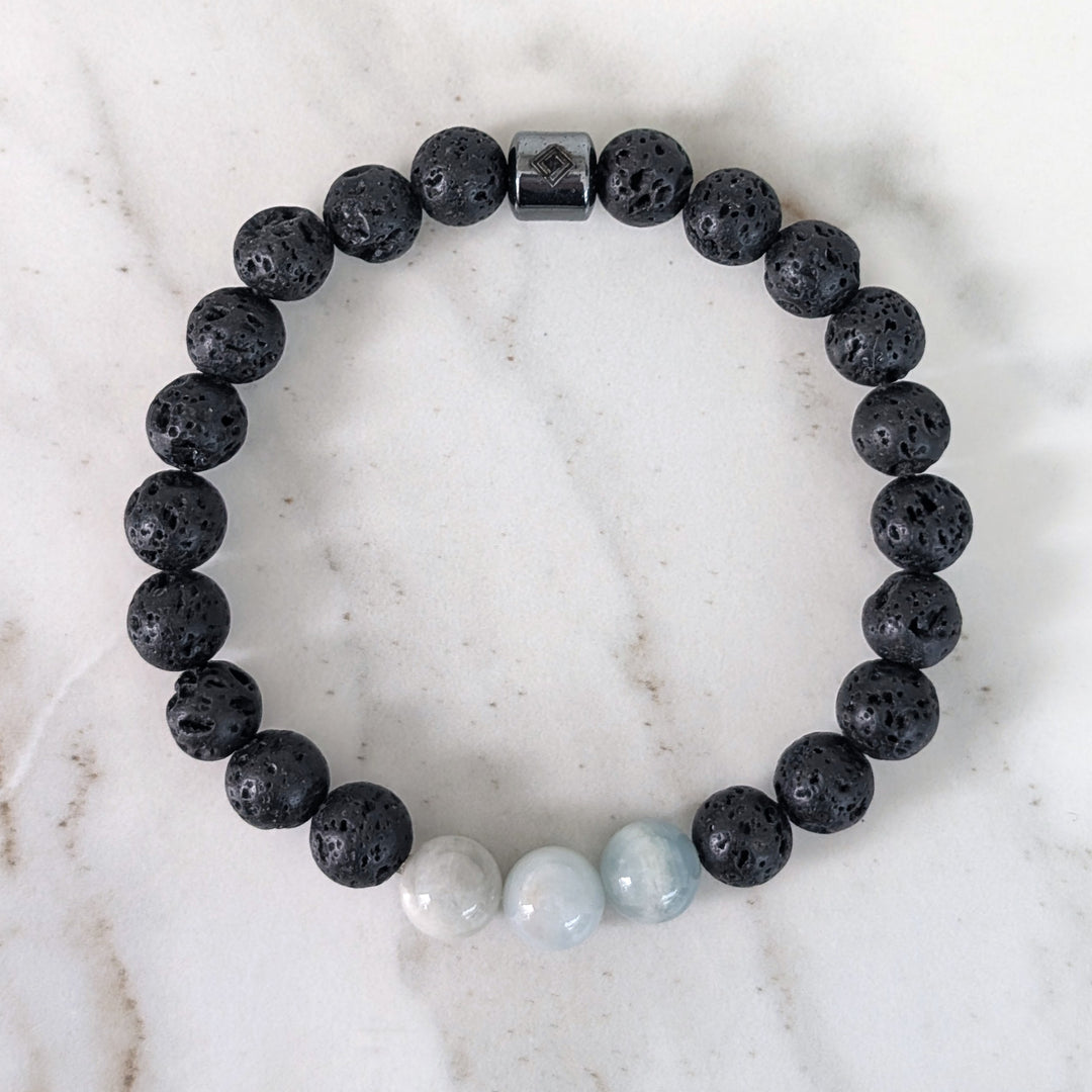 Men's Aquamarine & Lava Bead March Birthstone Bracelet  - 8mm Smooth