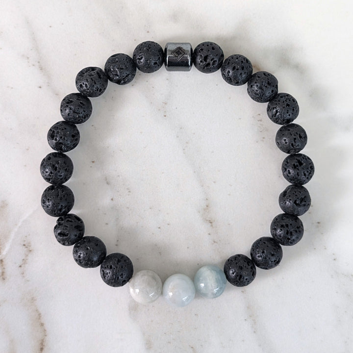 Men's Aquamarine & Lava Bead March Birthstone Bracelet  - 8mm Smooth