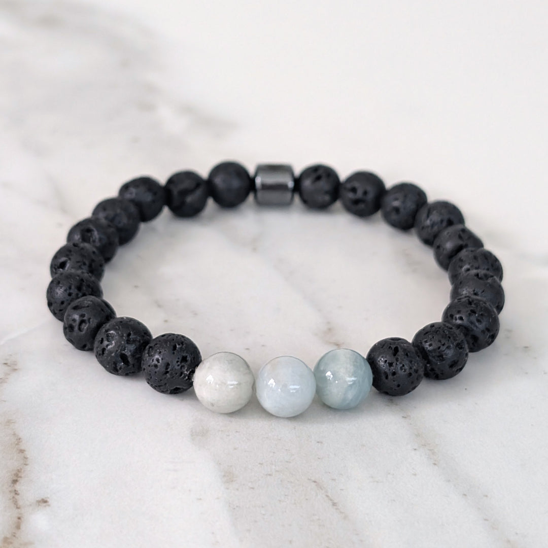 Men's Aquamarine & Lava Bead March Birthstone Bracelet  - 8mm Smooth