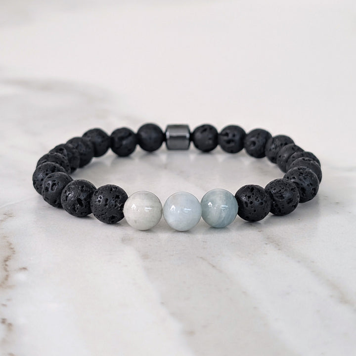 Men's Aquamarine & Lava Bead March Birthstone Bracelet  - 8mm Smooth