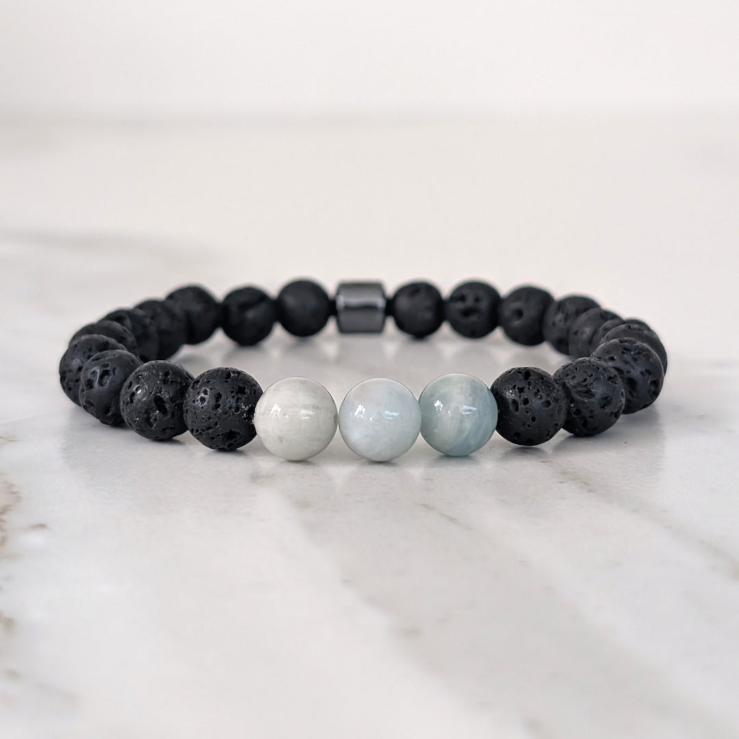 Men's Aquamarine & Lava Bead March Birthstone Bracelet  - 8mm Smooth
