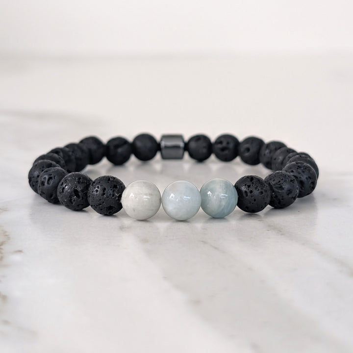 Men's Aquamarine & Lava Bead March Birthstone Bracelet  - 8mm Smooth