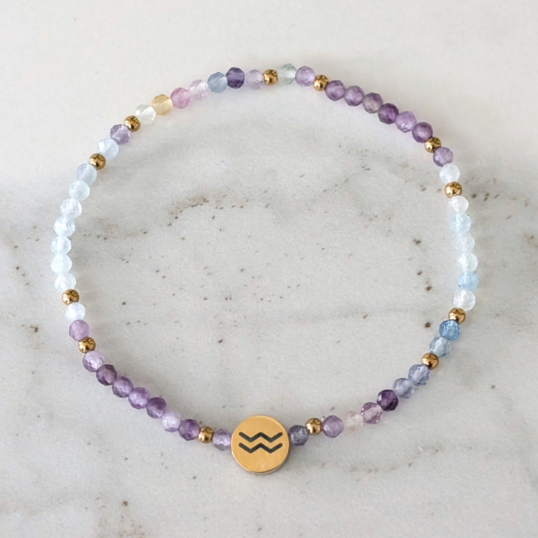Aquamarine, Fluorite and Amethyst Aquarius Zodiac Gemstone Bracelet 