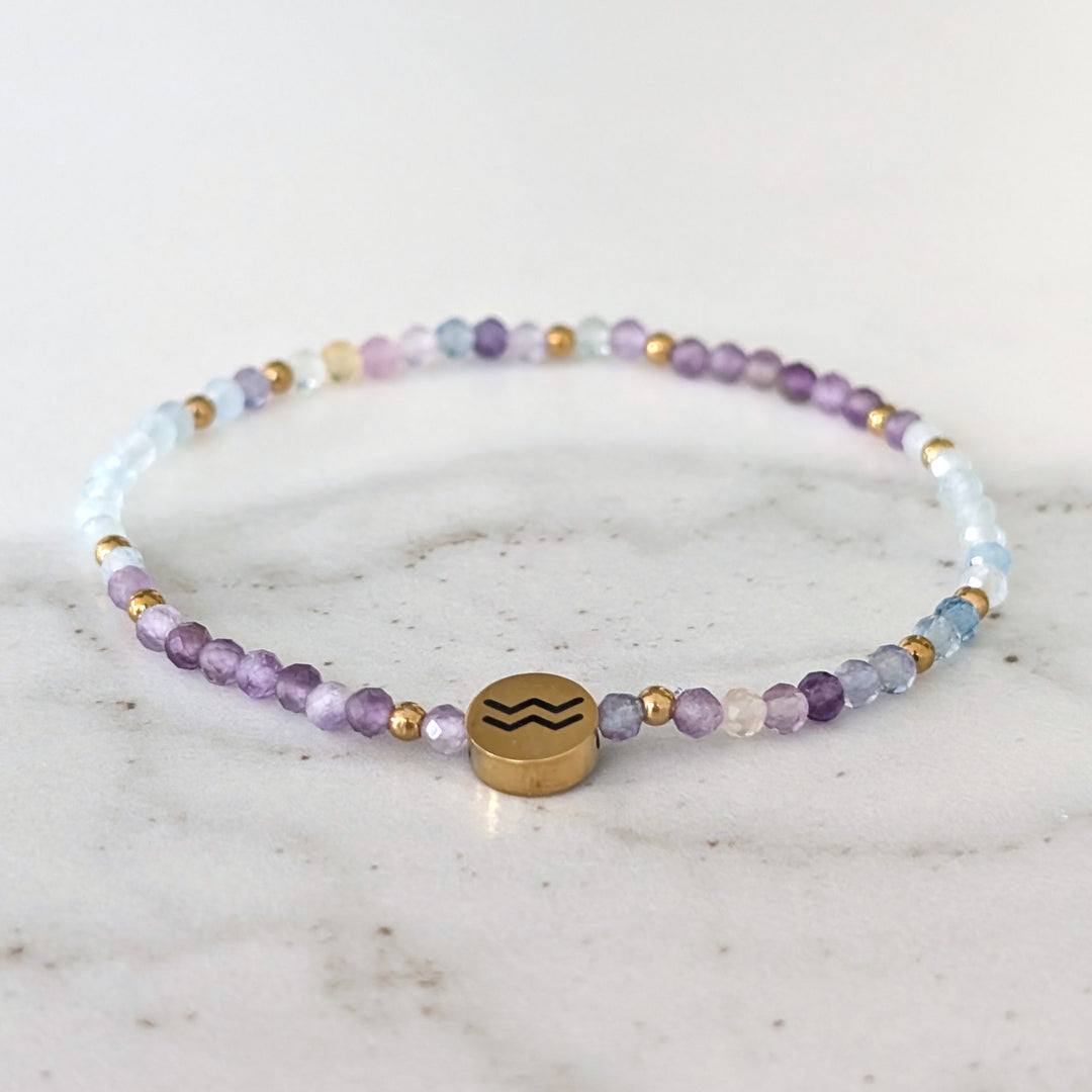 Aquamarine, Fluorite and Amethyst Aquarius Zodiac Gemstone Bracelet 
