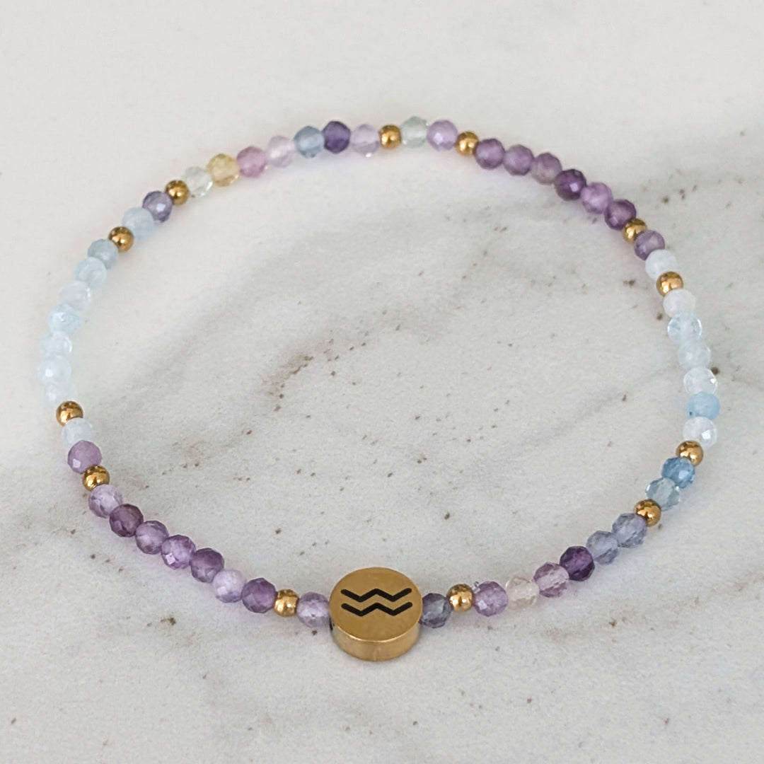 Aquamarine, Fluorite and Amethyst Aquarius Zodiac Gemstone Bracelet 