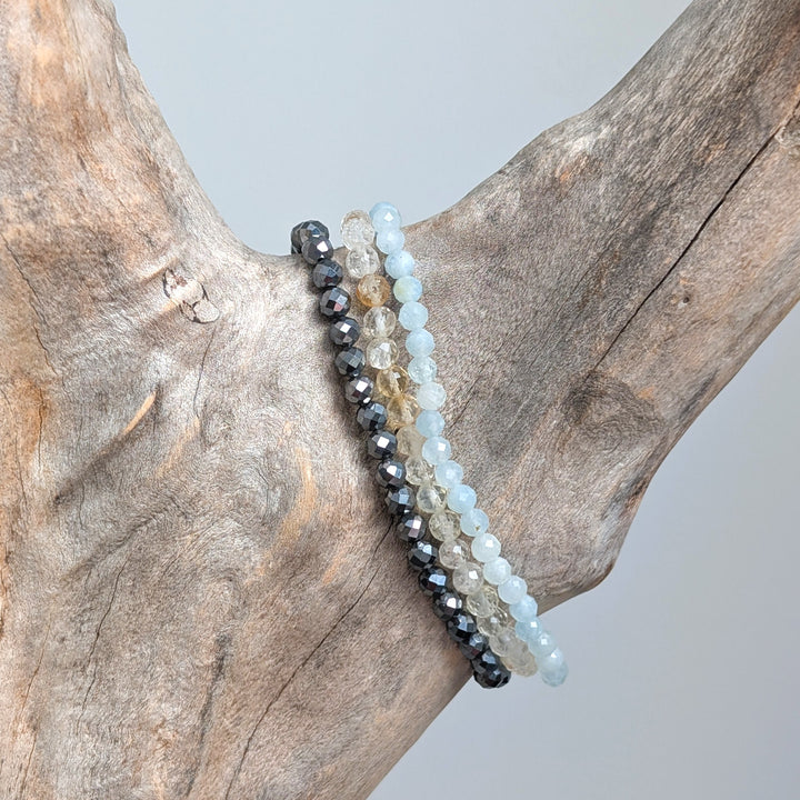 Aries zodiac gemstone bracelet set comprising hematite, citrine and aquamarine beaded bracelets